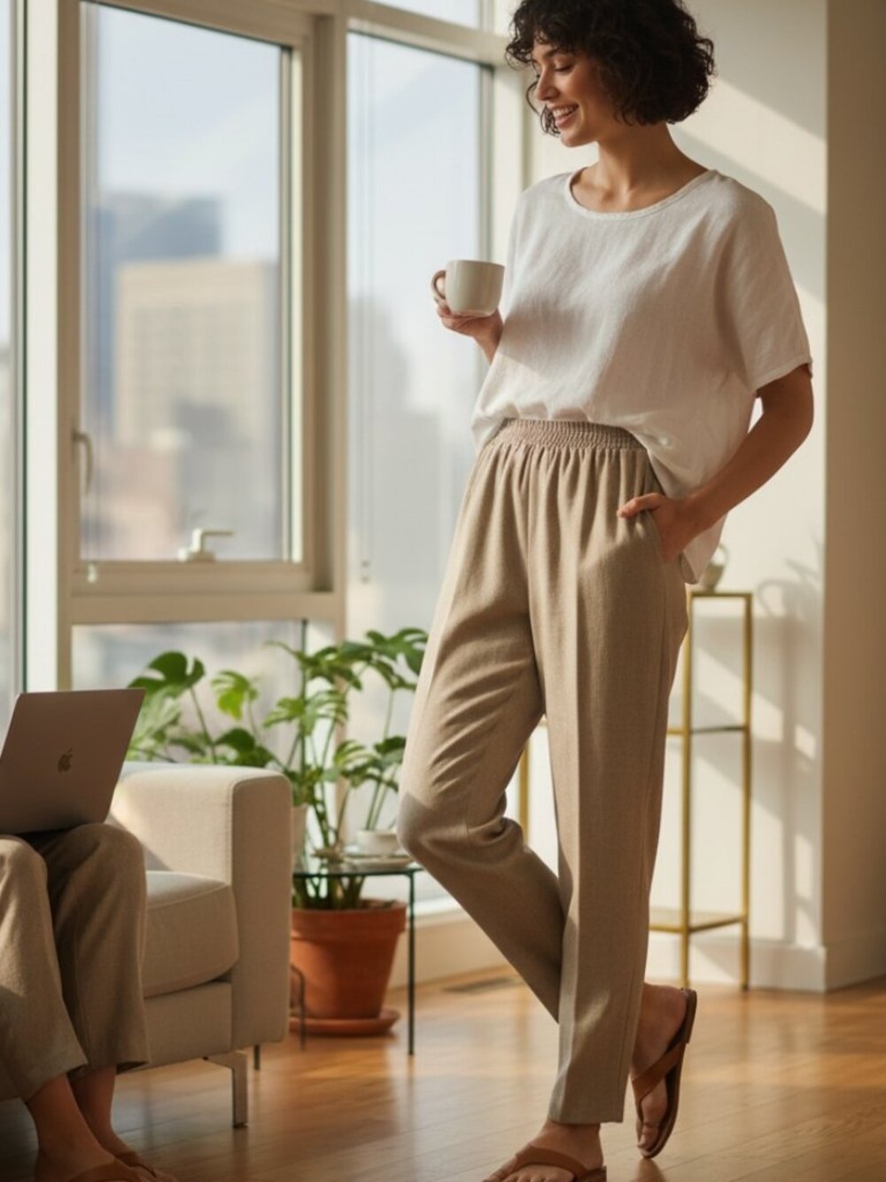 VTG 80s Saint Germain Paris High Waist Pull On Pants‎ Sz L Tan/Brown #141X